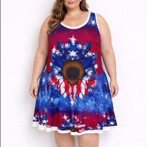 Plus Size blue red American flag sunflower print sleeveless shift dress size 5XL